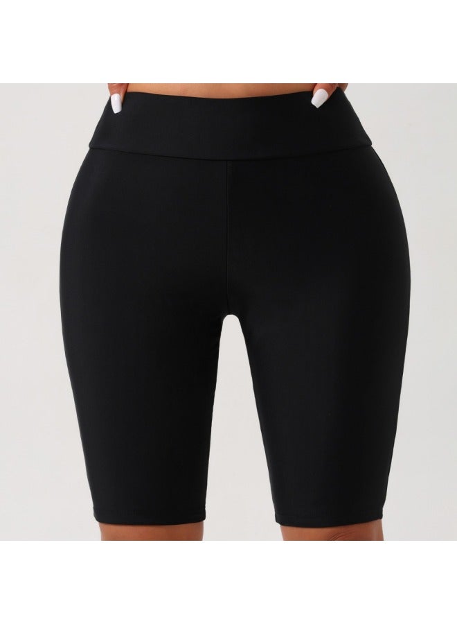 إسكدنيا Solid Color Women's Swimming Trunks Flat Angle Swimming Trunks Swimming Wading Sports European And American Fashion Five-point Swimming Trunks-Color:Black- - Image 3