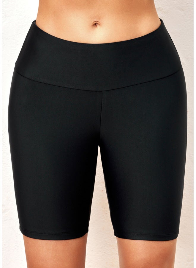 إسكدنيا Solid Color Women's Swimming Trunks Flat Angle Swimming Trunks Swimming Wading Sports European And American Fashion Five-point Swimming Trunks-Color:Black- - Image 1