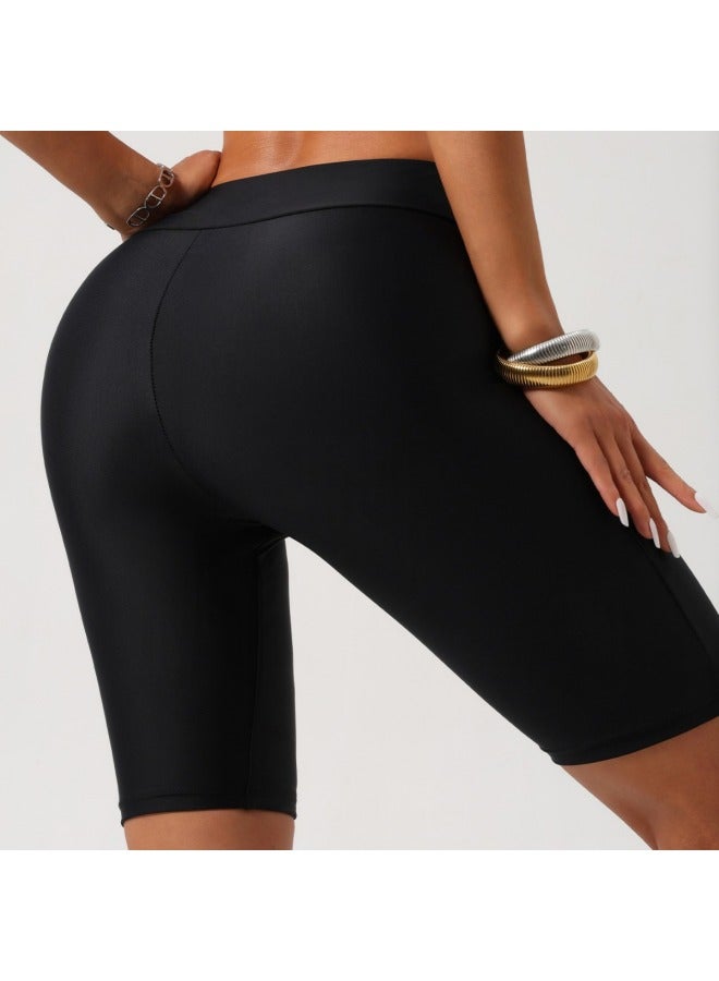 إسكدنيا Solid Color Women's Swimming Trunks Flat Angle Swimming Trunks Swimming Wading Sports European And American Fashion Five-point Swimming Trunks-Color:Black- - Image 4