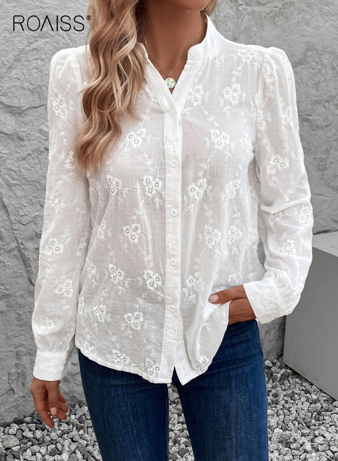 roaiss Women's Lace Shirt with Button-Front, Floral Pattern Long-Sleeve V-Neck Shirt, White,  M-XL - Image 4