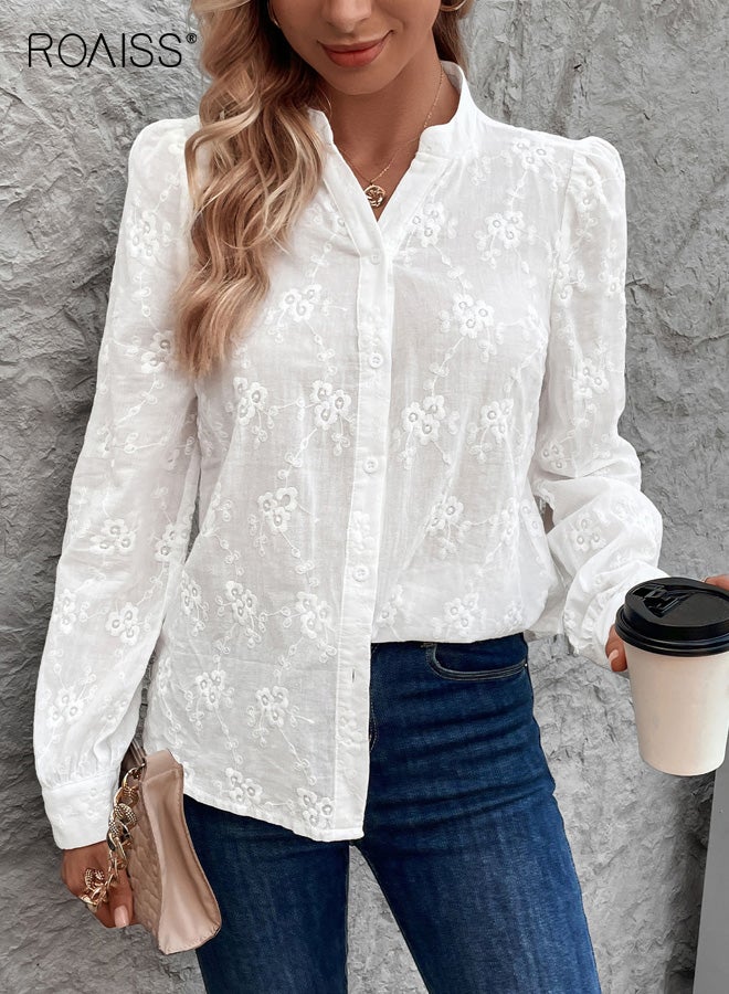 roaiss Women's Lace Shirt with Button-Front, Floral Pattern Long-Sleeve V-Neck Shirt, White,  M-XL - Image 3