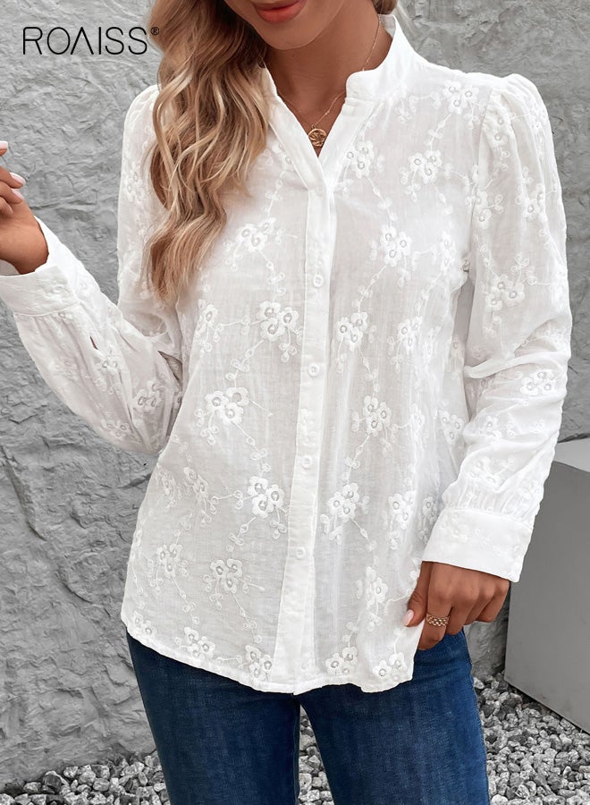 roaiss Women's Lace Shirt with Button-Front, Floral Pattern Long-Sleeve V-Neck Shirt, White,  M-XL - Image 5