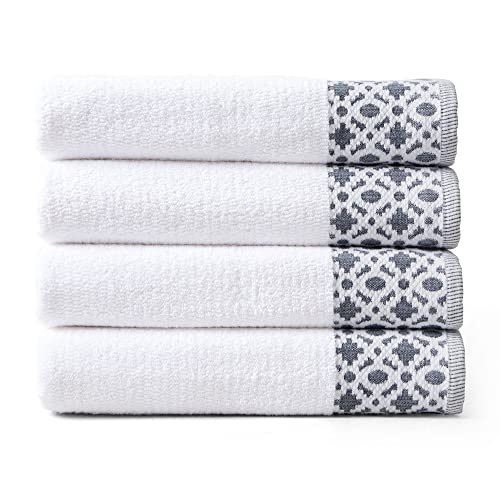 Market & Place 100% Cotton Luxury Bath Towel Set | Super Soft and Highly Absorbent | Textured Decorative Border | Includes 4 Bath Towels | Nitra Collection (White/Dark Grey) - Image 1