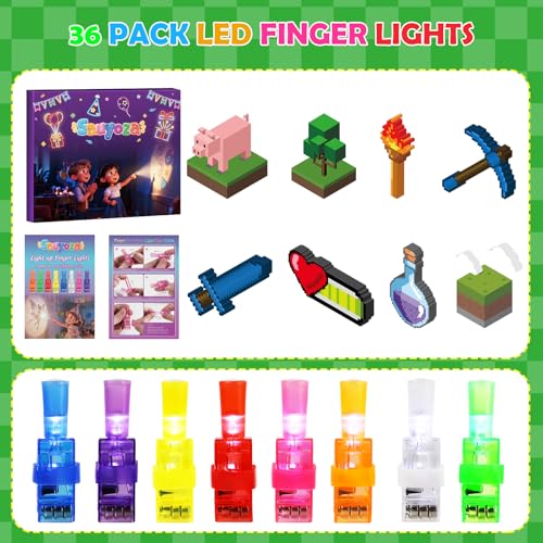 Sauyoza 36 Pack Pixel Party Favors LED Finger Lights for Kids Glow in the Dark Building Game Goodie Bag Stuffers Pixel World Birthday Party Gifts for Classroom Rewards - Image 5