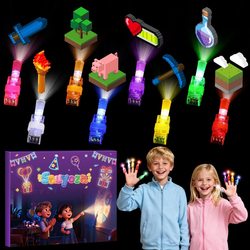 Sauyoza 36 Pack Pixel Party Favors LED Finger Lights for Kids Glow in the Dark Building Game Goodie Bag Stuffers Pixel World Birthday Party Gifts for Classroom Rewards - Image 3