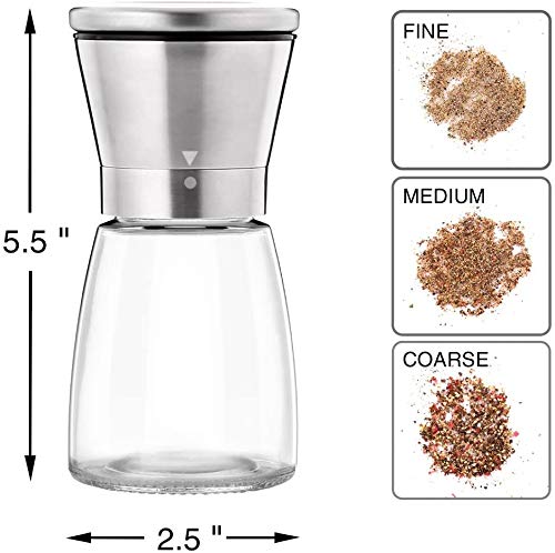 we3 Stainless Steel Salt and Pepper Grinders refillable Set - Short Glass Shakers with Adjustable Coarseness for sea Salt, Black Peppercorn, or Spices - Salt and Pepper Mill Set - Image 2