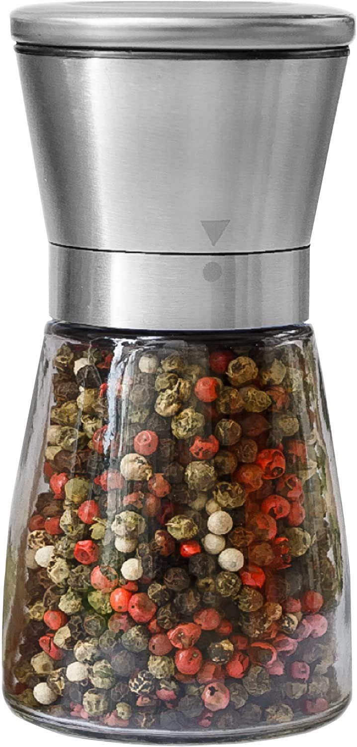 we3 Stainless Steel Salt and Pepper Grinders refillable Set - Short Glass Shakers with Adjustable Coarseness for sea Salt, Black Peppercorn, or Spices - Salt and Pepper Mill Set - Image 1