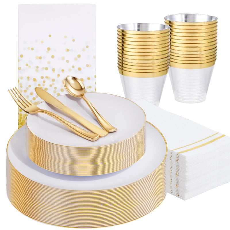 Festiva 176Pcs White and Gold Plastic Plates  White with Gold Rim Dinnerware Set  25Guest include Plates Cups Cutlery Napkins for New Year PartyWeddingEaster