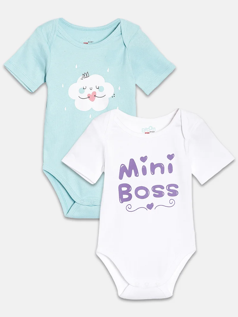 Broon Broon Infant Girls Light Green and White Printed Pure Organic Cotton Bodysuit Pack of 2