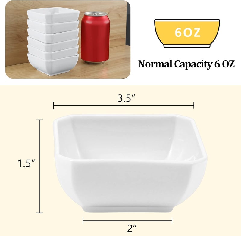 Yedio Square Dipping Bowls Set of 6, 6 Oz Small Porcelain Sauce Bowls for Side Dishes, Appetizers, Snacks, Baking & Dessert, White, Oven Safe - Image 2