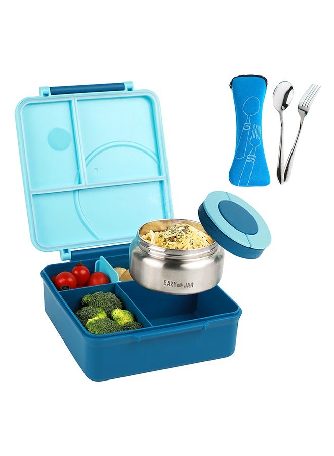 Eazy Kids Jumbo Bento Lunch Box With Blue Lunch Bag , Food Jar and Cutlery  - Image 2