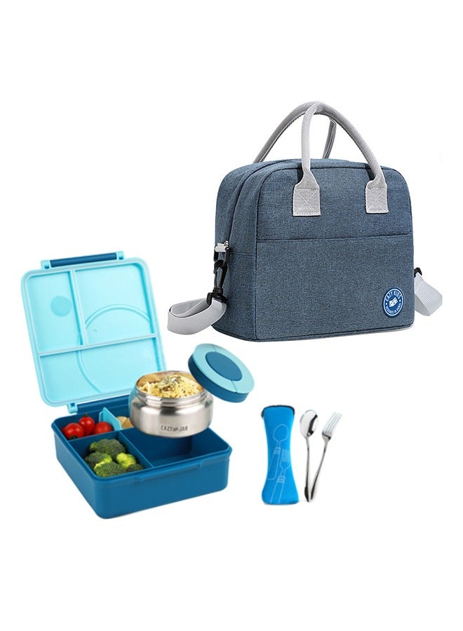 Eazy Kids Jumbo Bento Lunch Box With Blue Lunch Bag , Food Jar and Cutlery  - Image 1