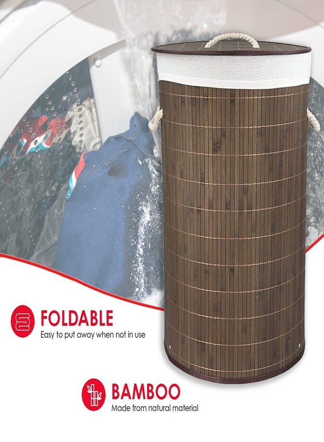 Home Basics Foldable Bamboo Laundry Basket Hamper (Round, Brown) - Image 2