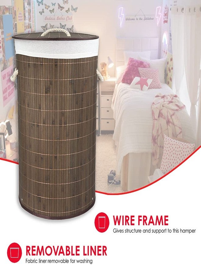 Home Basics Foldable Bamboo Laundry Basket Hamper (Round, Brown) - Image 3