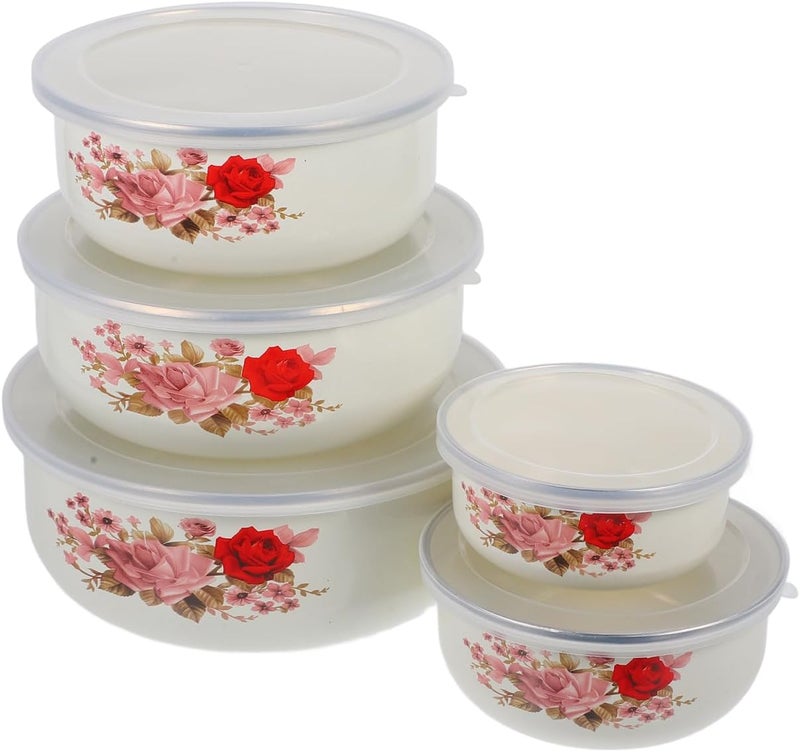 DOITOOL Enamel Bowls with Lids 5PCS Nesting Storage Bowls Set with Lids Enamel Ice Cream Salads Prepared Bowl Metal Prep Bowl for Baking Prepping Cooking and Serving Food - Image 1