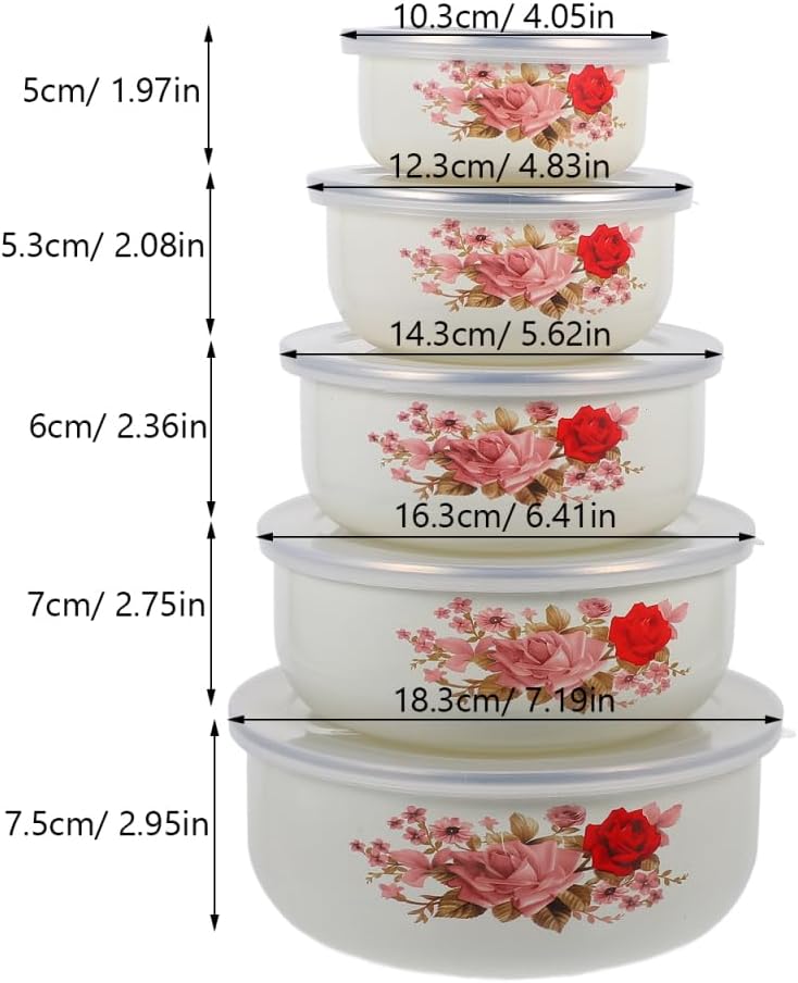 DOITOOL Enamel Bowls with Lids 5PCS Nesting Storage Bowls Set with Lids Enamel Ice Cream Salads Prepared Bowl Metal Prep Bowl for Baking Prepping Cooking and Serving Food - Image 2