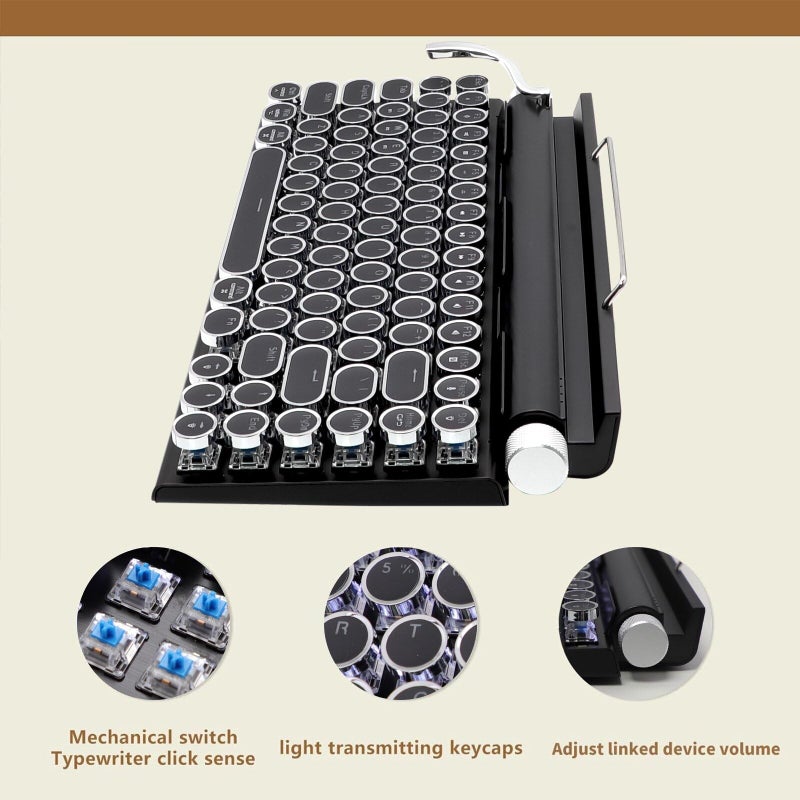 Adventurers Typewriter Style Retro Mechanical Keyboard, White Backlight, 83 Key Bluetooth 5.0 Blue Axis Compatible with Desktop, Laptop, Mac and Mobile, Black, 12.3 x 6.6 x 1.6 Inches - Image 3