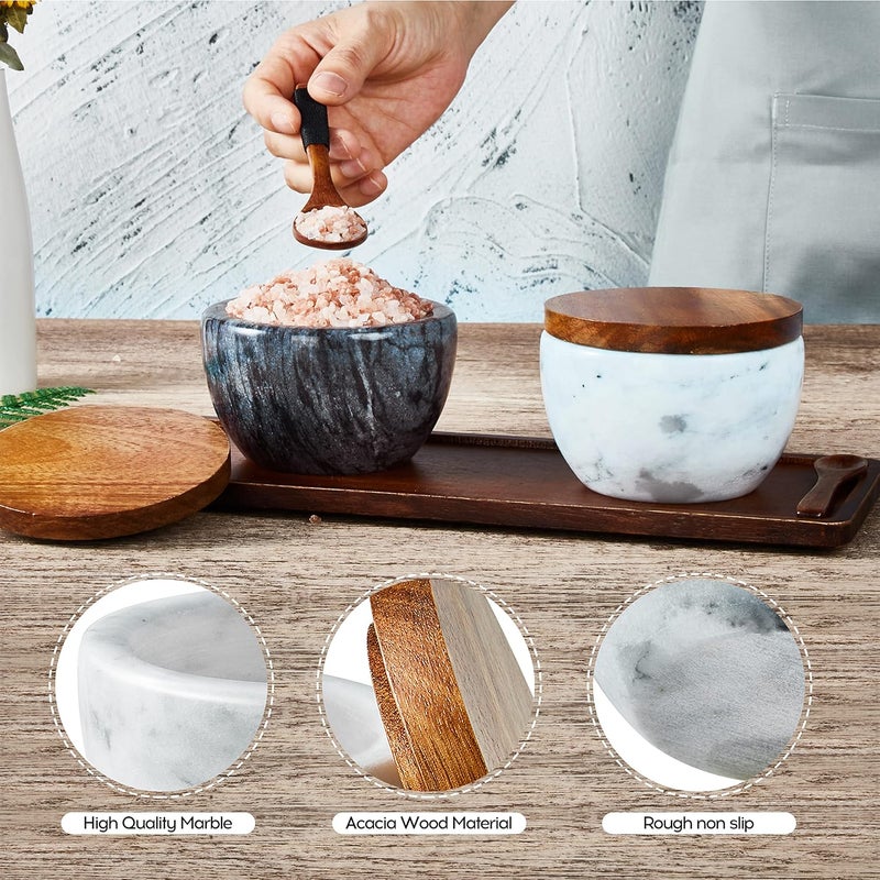 MarcZero Large Salt Box Spice Seasonings Keeper Pepper Container,Marble Base with Wooden Cover,Salt Cellar Big Capacity Elegant Design (White) - Image 3