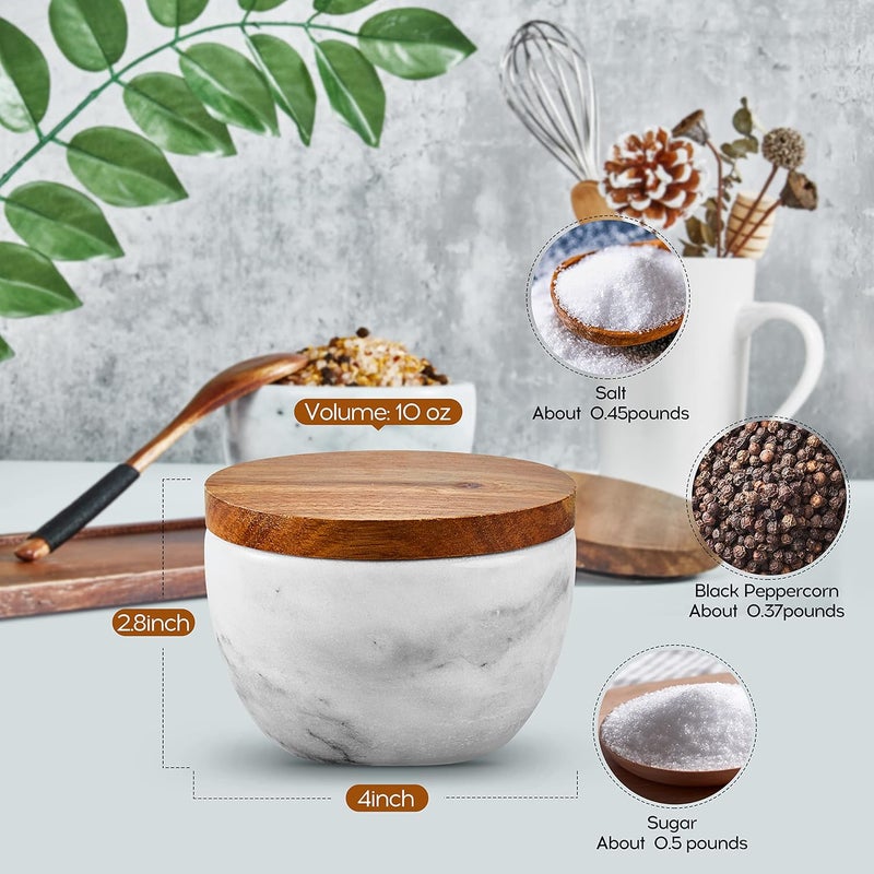 MarcZero Large Salt Box Spice Seasonings Keeper Pepper Container,Marble Base with Wooden Cover,Salt Cellar Big Capacity Elegant Design (White) - Image 2