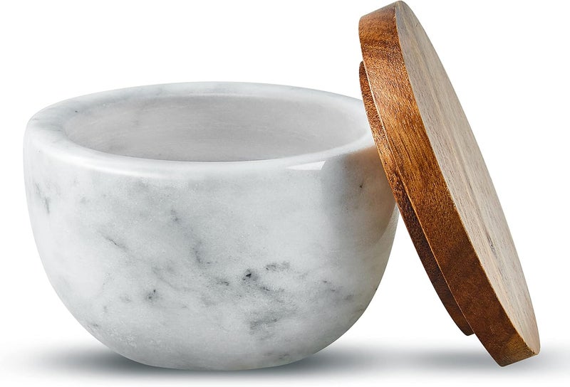 MarcZero Large Salt Box Spice Seasonings Keeper Pepper Container,Marble Base with Wooden Cover,Salt Cellar Big Capacity Elegant Design (White) - Image 1