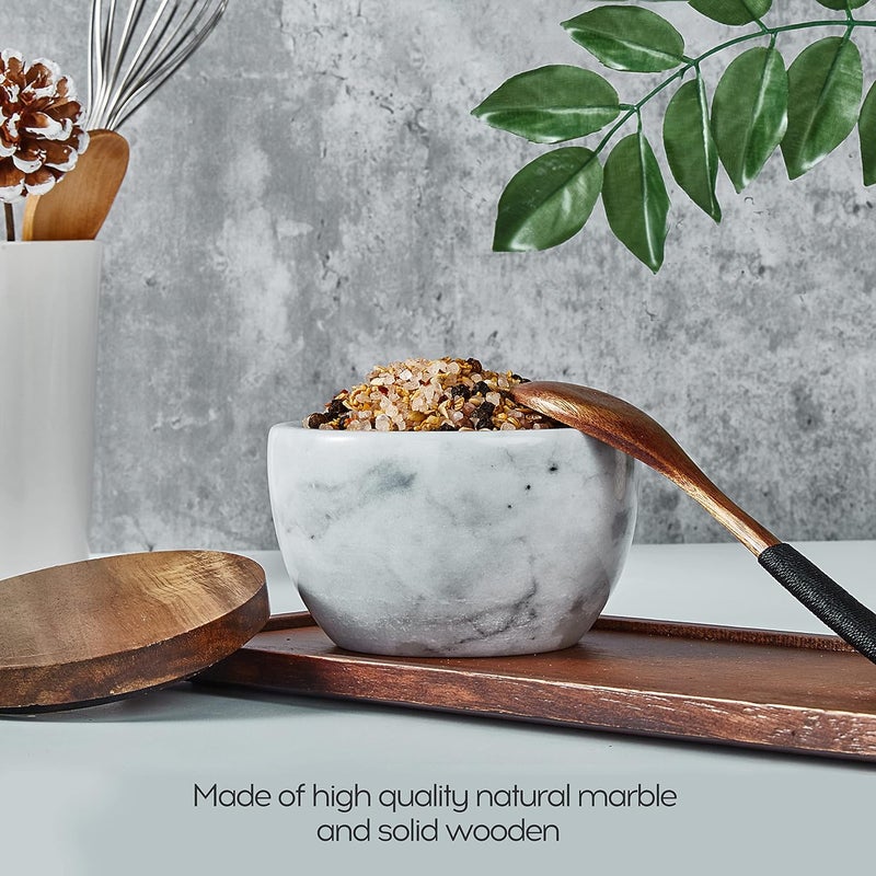 MarcZero Large Salt Box Spice Seasonings Keeper Pepper Container,Marble Base with Wooden Cover,Salt Cellar Big Capacity Elegant Design (White) - Image 4
