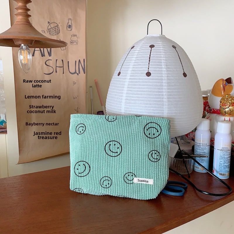 Corduroy Polka Dot Makeup Clutch Retro Smile Grass green smiling face