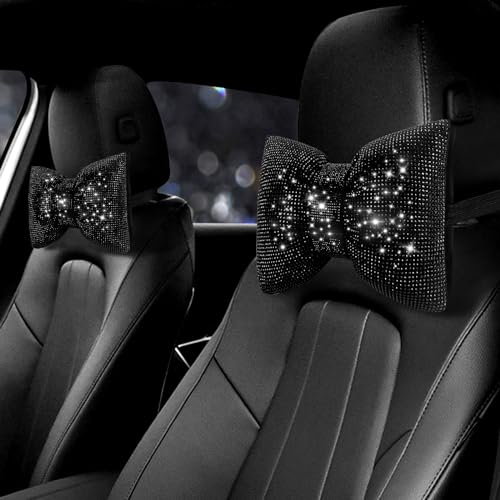 surpassme 2PCS Rhinestone Car Headrest Neck Pillow for Driving with Bling Bling Crystal Bow Pillow Car Accessories for Women (Black) - Image 1