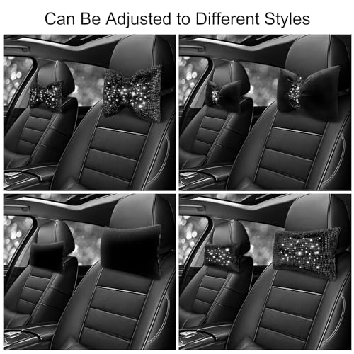surpassme 2PCS Rhinestone Car Headrest Neck Pillow for Driving with Bling Bling Crystal Bow Pillow Car Accessories for Women (Black) - Image 3
