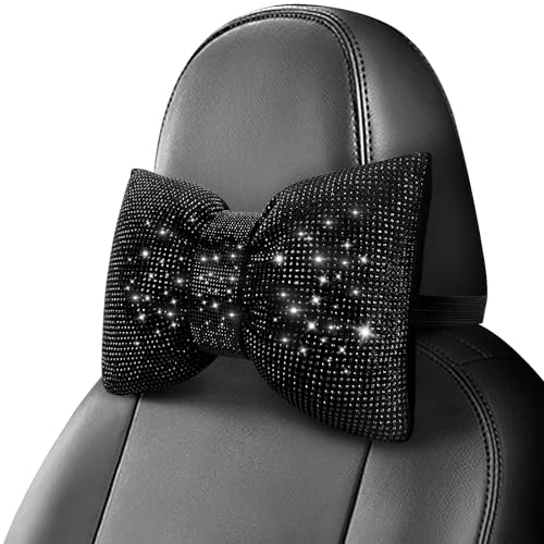 surpassme 2PCS Rhinestone Car Headrest Neck Pillow for Driving with Bling Bling Crystal Bow Pillow Car Accessories for Women (Black) - Image 2