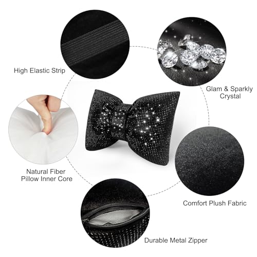surpassme 2PCS Rhinestone Car Headrest Neck Pillow for Driving with Bling Bling Crystal Bow Pillow Car Accessories for Women (Black) - Image 5