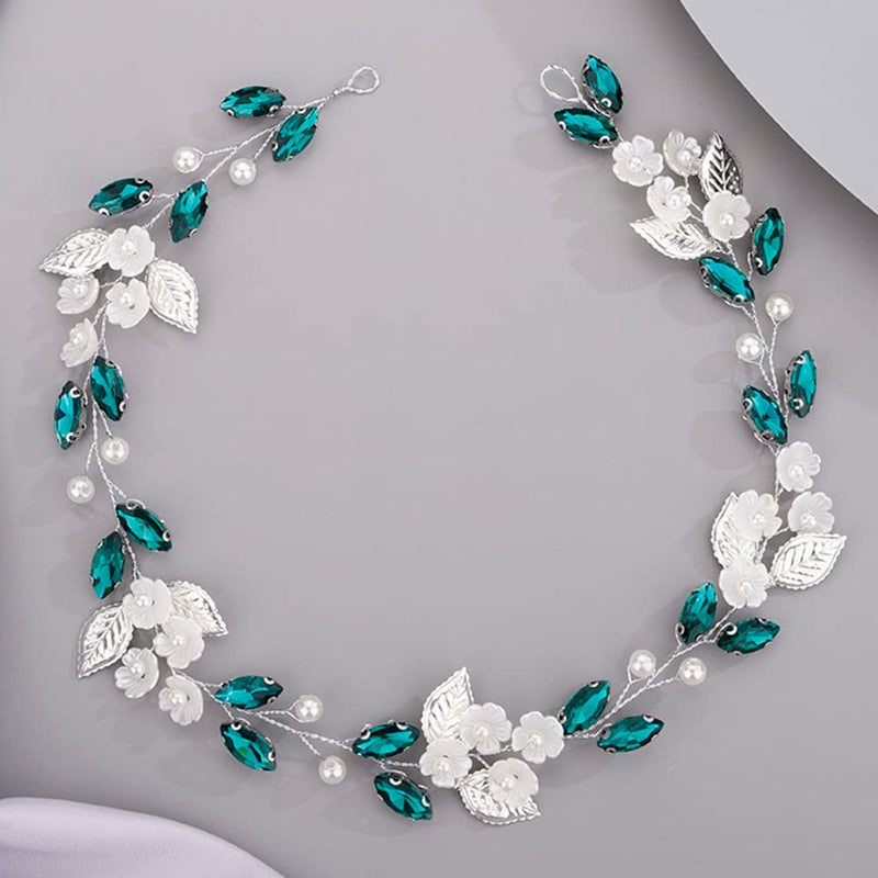 BERYUAN Flower Leaf Crystal Wedding Hair Vine for Bride Bridesmaid Pearls Beads Crystal Hair Accessories for Women and Girls Peacock Blue