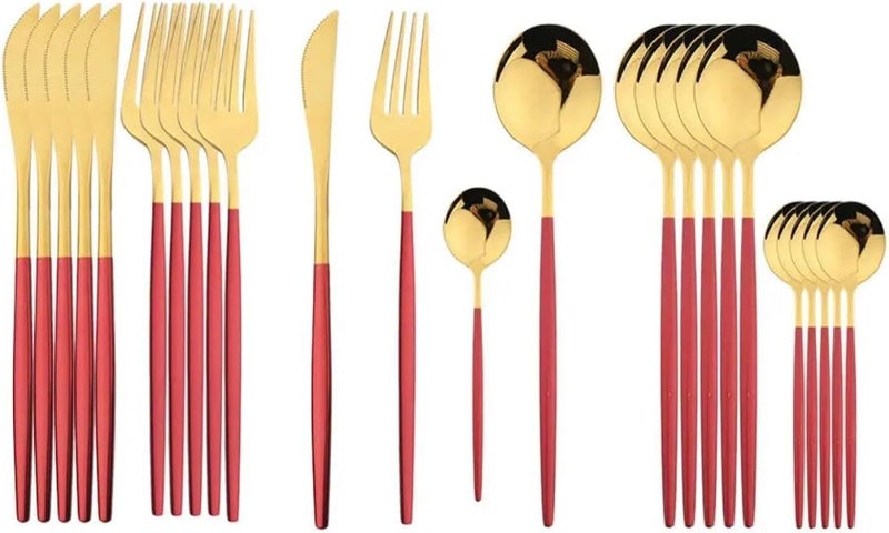 24-Piece Stainless Steel Flatware Set, Red and Gold Cutlery Set, Include Knife, Fork and Spoon, Dishwasher Safe - Image 4