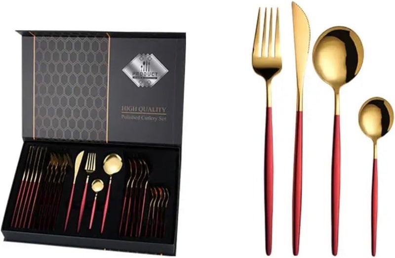 24-Piece Stainless Steel Flatware Set, Red and Gold Cutlery Set, Include Knife, Fork and Spoon, Dishwasher Safe - Image 1