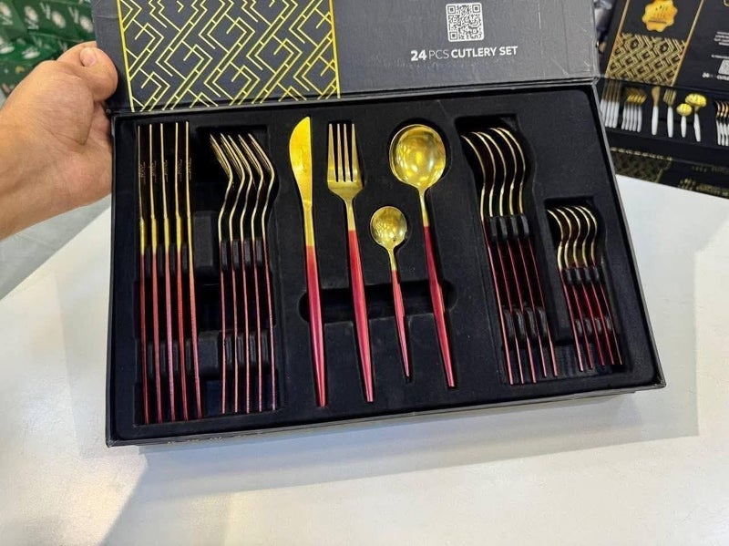 24-Piece Stainless Steel Flatware Set, Red and Gold Cutlery Set, Include Knife, Fork and Spoon, Dishwasher Safe - Image 2