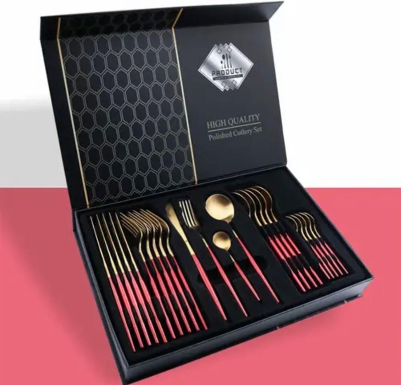 24-Piece Stainless Steel Flatware Set, Red and Gold Cutlery Set, Include Knife, Fork and Spoon, Dishwasher Safe - Image 3