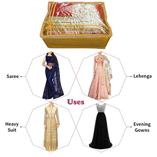 DIKHAWA Non Woven Transparent Top Saree Cover Bag, Cloth Cover Set for Storage with Zip (Set of 12_Brown_43X33X18CM) - Image 4
