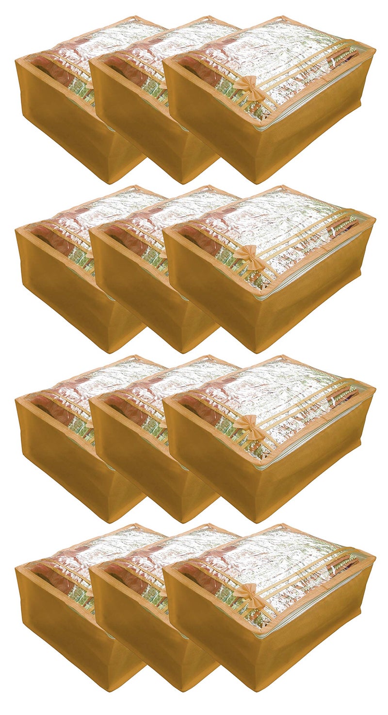 DIKHAWA Non Woven Transparent Top Saree Cover Bag, Cloth Cover Set for Storage with Zip (Set of 12_Brown_43X33X18CM) - Image 1