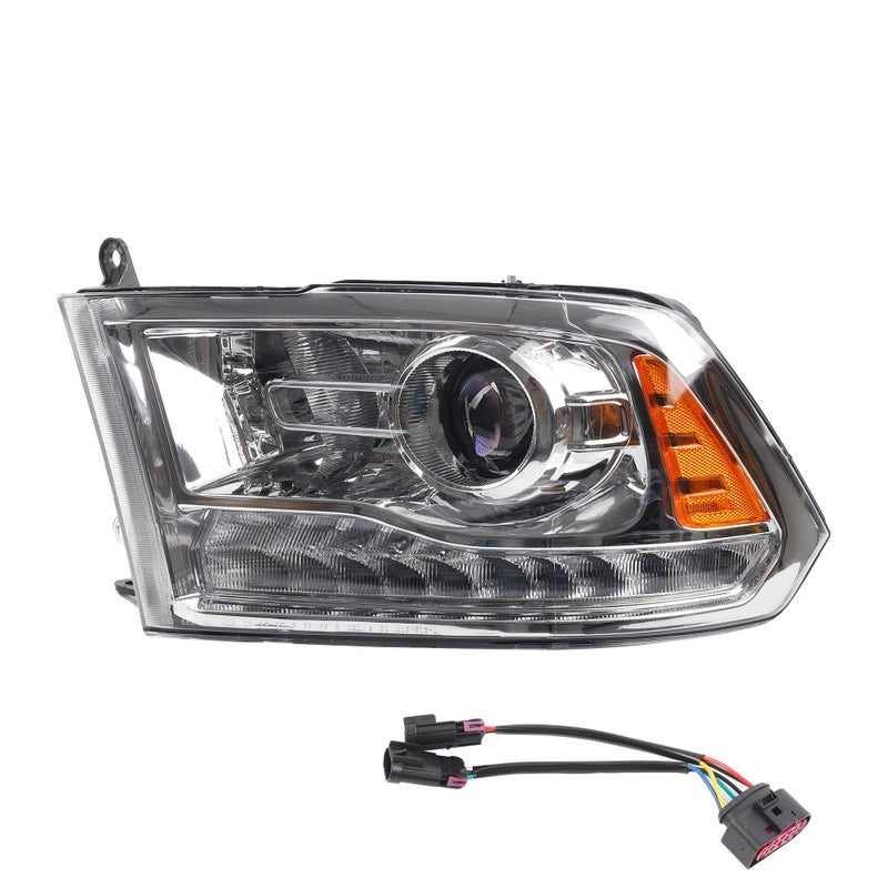 مصابيح أمامية هالوجين دايسبيكان OE مع إشارة LED DRL متوافقة مع دودج رام 1500 2500 3500 20132018 مجموعة مصابيح السائق الجانبية اليسرى مع إطار كروم مع لمبات بديلة 68324941AD CH2502290