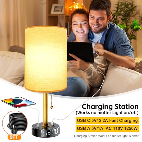 Yostyle Bedside Desk Lamp for Bedroom, Table Lamp with USB A & USB C Fast Charging Ports & 2 AC Power Outlets, Alarm Clock Base, Round Black Fabric Lampshade Modern Nightstand Lamp for Living Room Home Office - Image 5