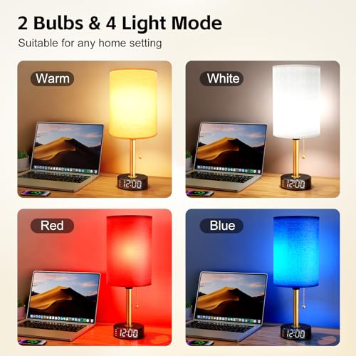 Yostyle Bedside Desk Lamp for Bedroom, Table Lamp with USB A & USB C Fast Charging Ports & 2 AC Power Outlets, Alarm Clock Base, Round Black Fabric Lampshade Modern Nightstand Lamp for Living Room Home Office - Image 4