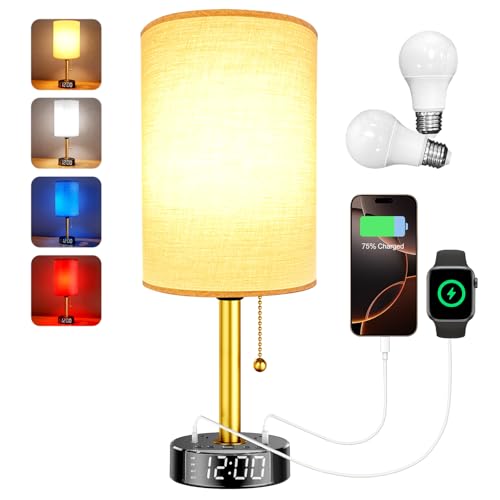 Yostyle Bedside Desk Lamp for Bedroom, Table Lamp with USB A & USB C Fast Charging Ports & 2 AC Power Outlets, Alarm Clock Base, Round Black Fabric Lampshade Modern Nightstand Lamp for Living Room Home Office - Image 1