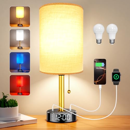 Yostyle Bedside Desk Lamp for Bedroom, Table Lamp with USB A & USB C Fast Charging Ports & 2 AC Power Outlets, Alarm Clock Base, Round Black Fabric Lampshade Modern Nightstand Lamp for Living Room Home Office - Image 2