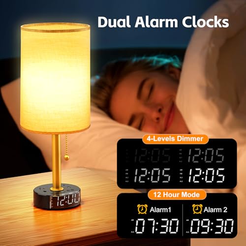 Yostyle Bedside Desk Lamp for Bedroom, Table Lamp with USB A & USB C Fast Charging Ports & 2 AC Power Outlets, Alarm Clock Base, Round Black Fabric Lampshade Modern Nightstand Lamp for Living Room Home Office - Image 3