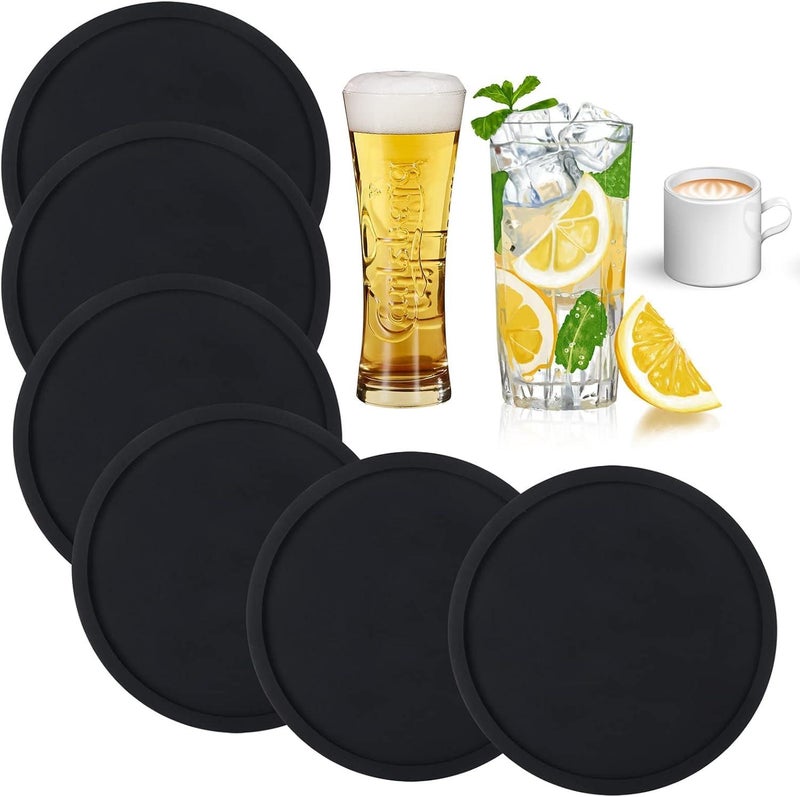 Round Silicone Coasters – Black, 6 Pieces, Non-Slip Mat for Drinks, Heat Resistant