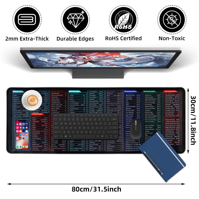 Quick Key Super Large Anti-Slip Keyboard Pad with Office Software Shortcuts Pattern, Computer Office Power Point Excel Word CAD Shortcut Keys Mouse Pad - Image 2