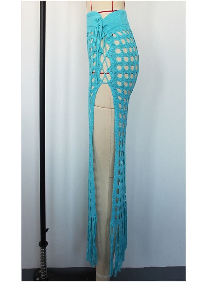 Loquat - Hollow Knit Split Fringed Beach Skirt Sky Blue - Image 1