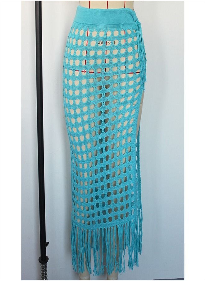 Loquat - Hollow Knit Split Fringed Beach Skirt Sky Blue - Image 1