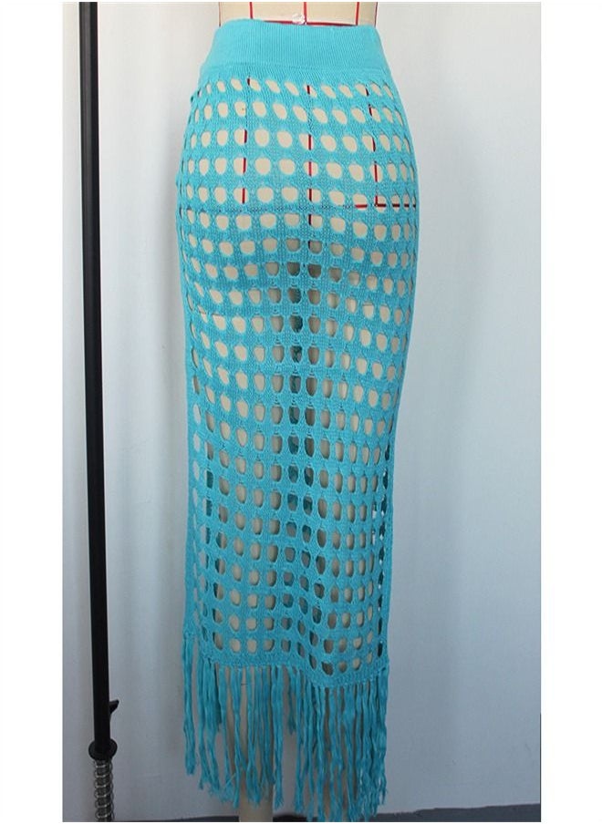 Loquat - Hollow Knit Split Fringed Beach Skirt Sky Blue - Image 1