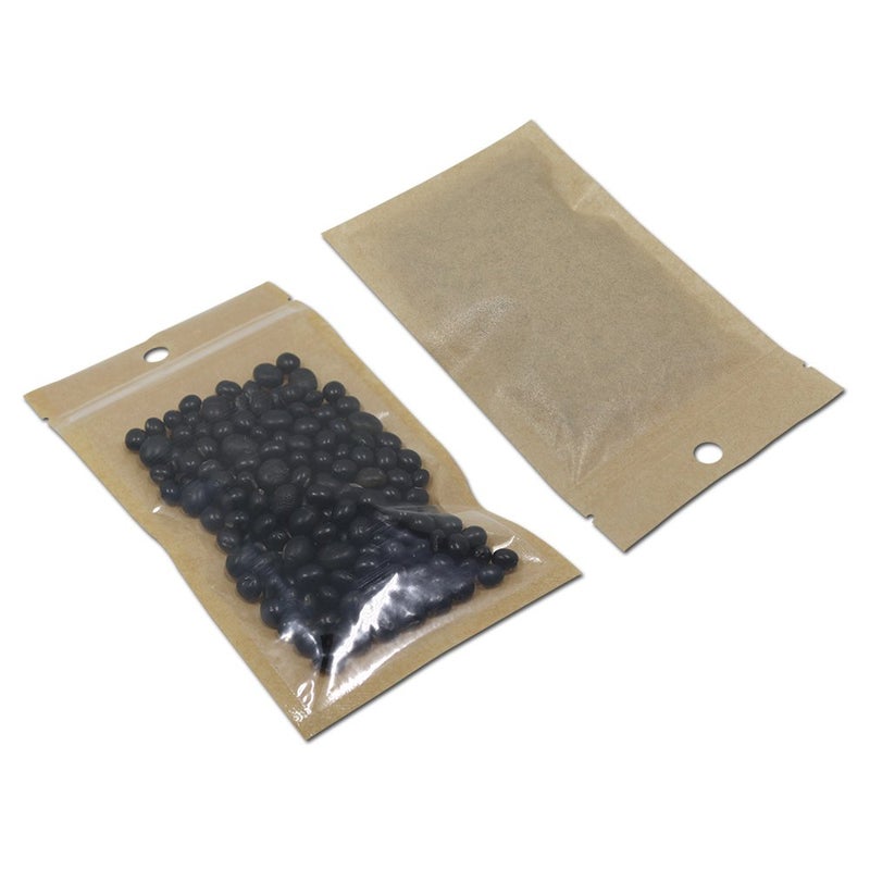FERENLI 100Pcs Clear Brown Kraft Paper Plastic for Zip Reclosable Bag Lock Flat Heat Sealable Smell Proof Packaging Bags Zipper Lock Coffee Plastic Bags 10x18cm 39x71 inch