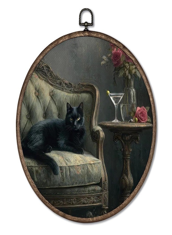 Giosve Dark Academia Black Cat Round Wall Art Canvas Framed Poster, Gothic Witchy Moody Black Cat Cocktail Martini Hanging Wall Sculptures for Home Bedroom Living Room Gallery Decor, 10x10 Inch - Image 1